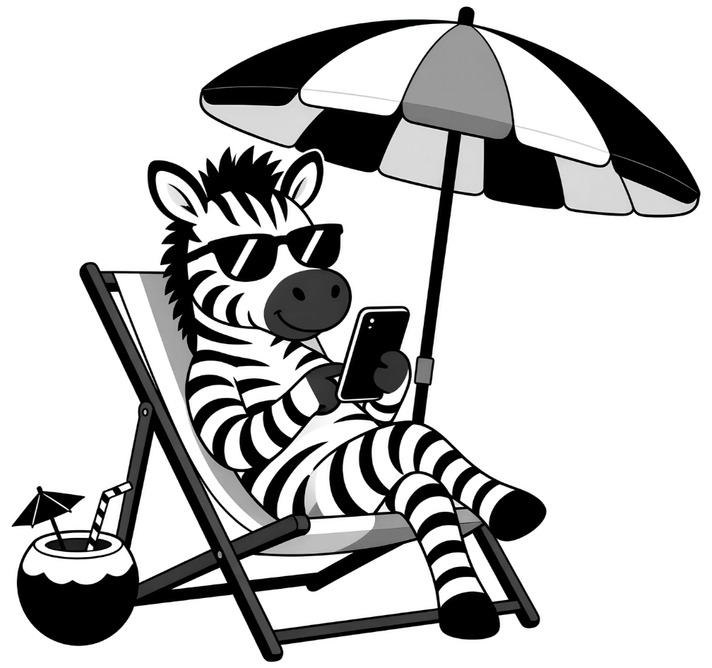 Zèbre URLZ détendu sur une chaise de plage avec un téléphone